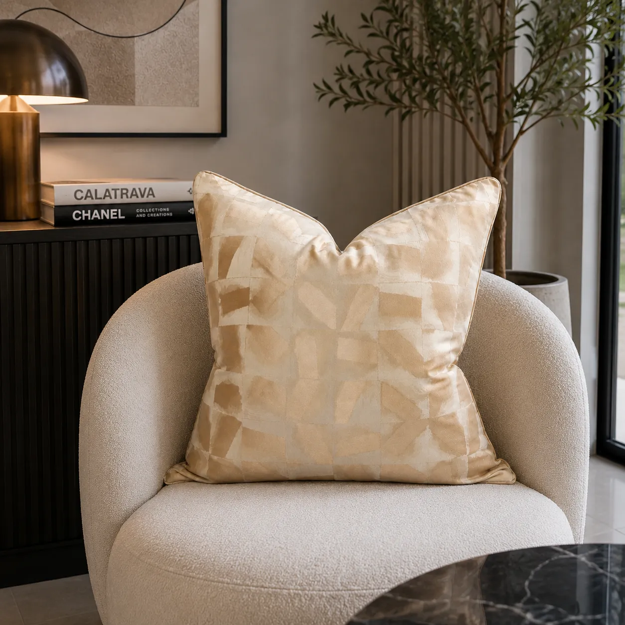 Cojín tela Jacquard metalizado, Beige y dorado (45*45cm)