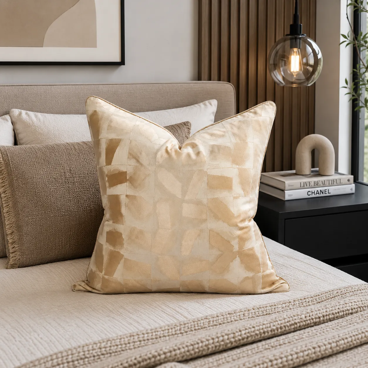 Cojín tela Jacquard metalizado, Beige y dorado (45*45cm)