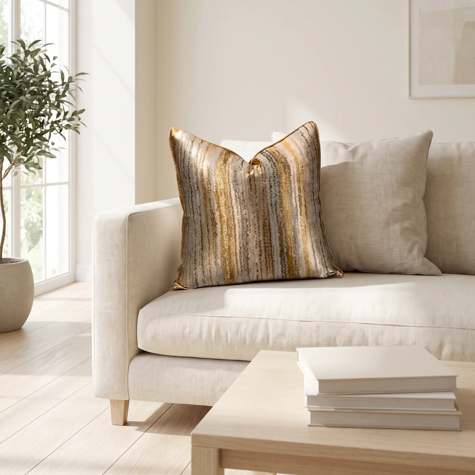 Cojín tela Jacquard lineal, dorado y champagne (45*45cm)