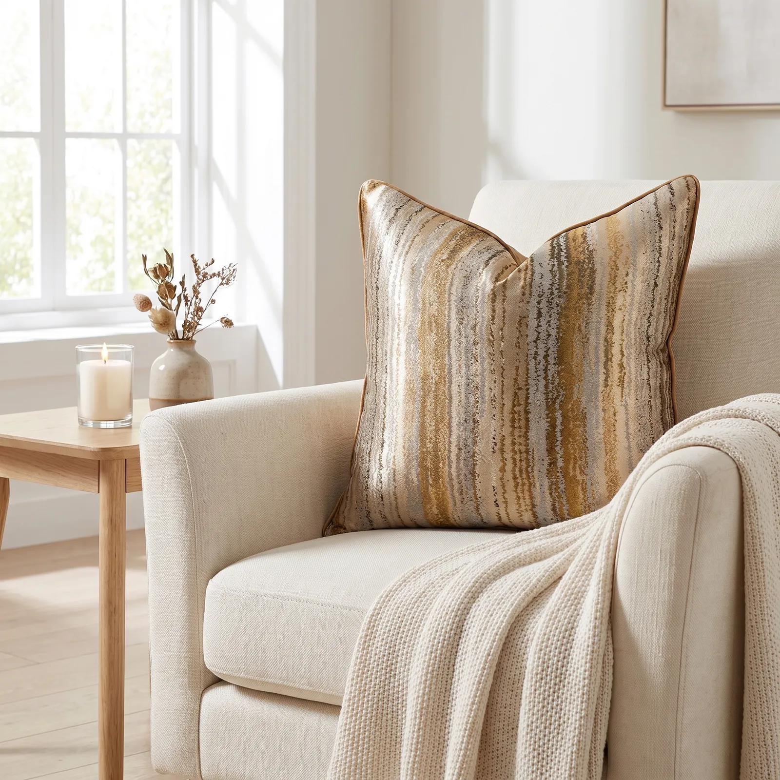 Cojín tela Jacquard lineal, dorado y champagne (45*45cm)