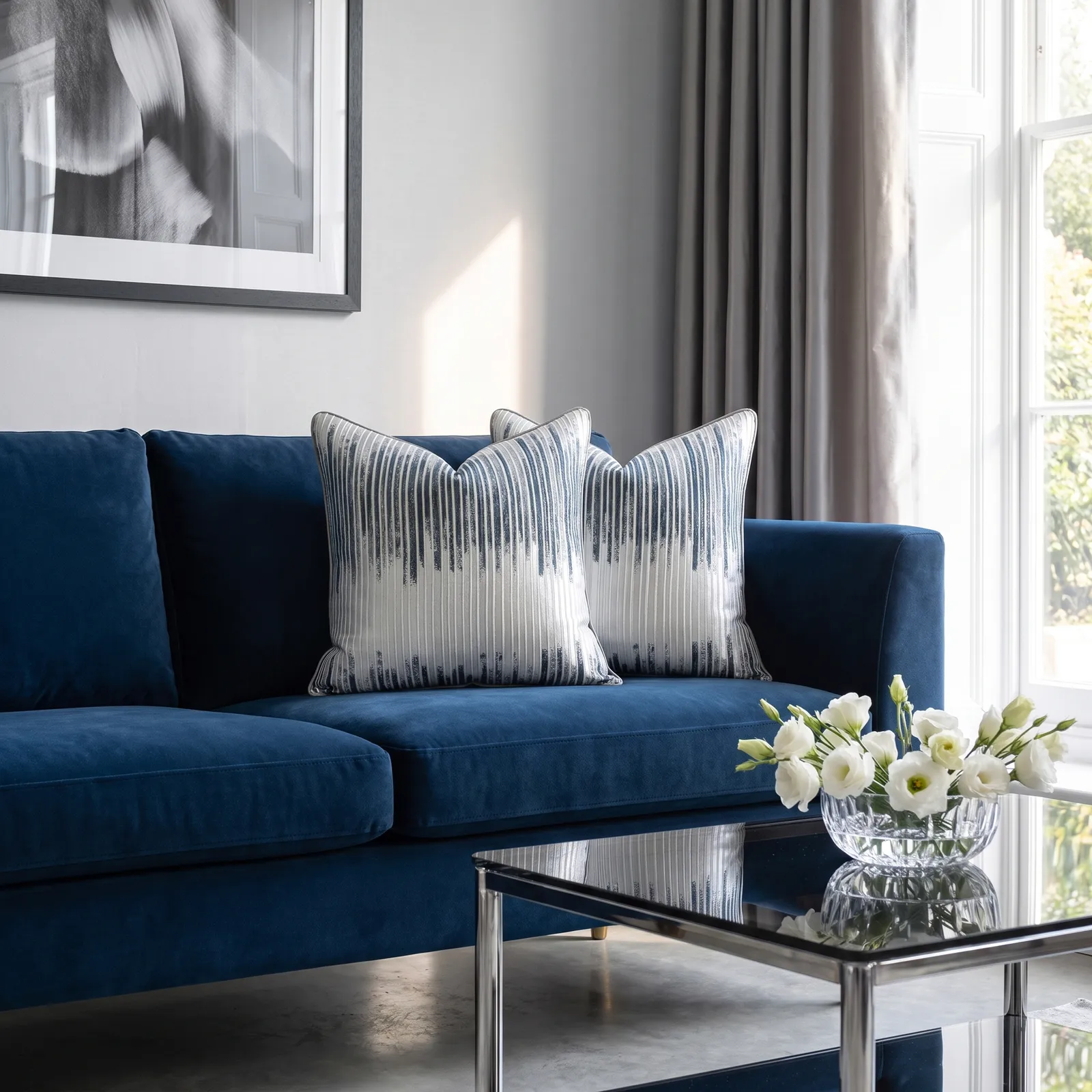 Cojín tela Jacquard lineal, Azul con plateado (45*45cm)