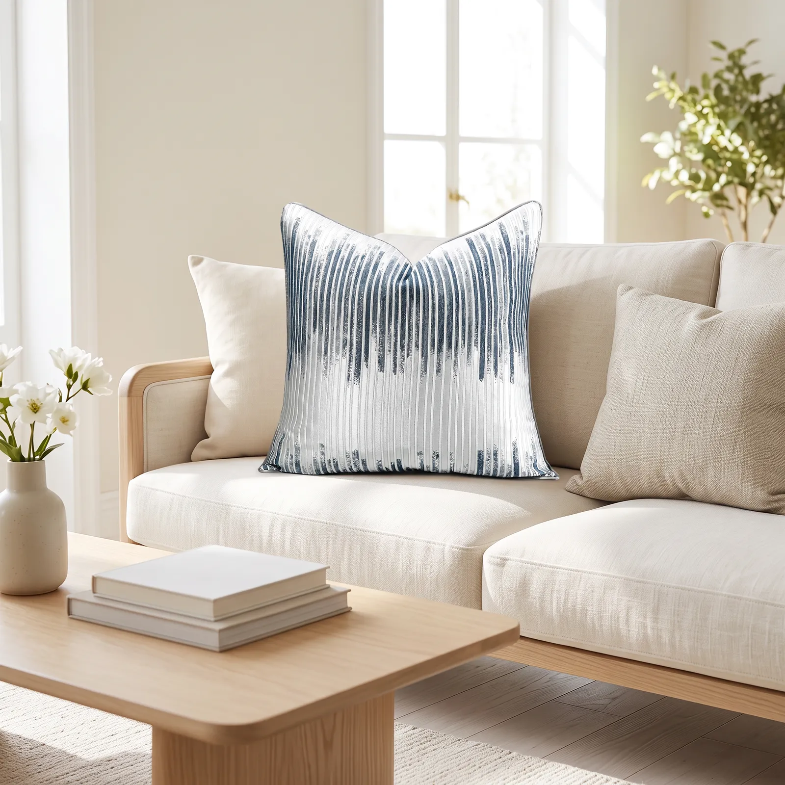 Cojín tela Jacquard lineal, Azul con plateado (45*45cm)