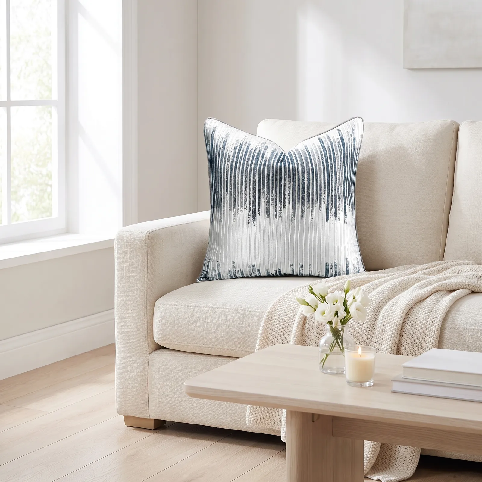Cojín tela Jacquard lineal, Azul con plateado (45*45cm)