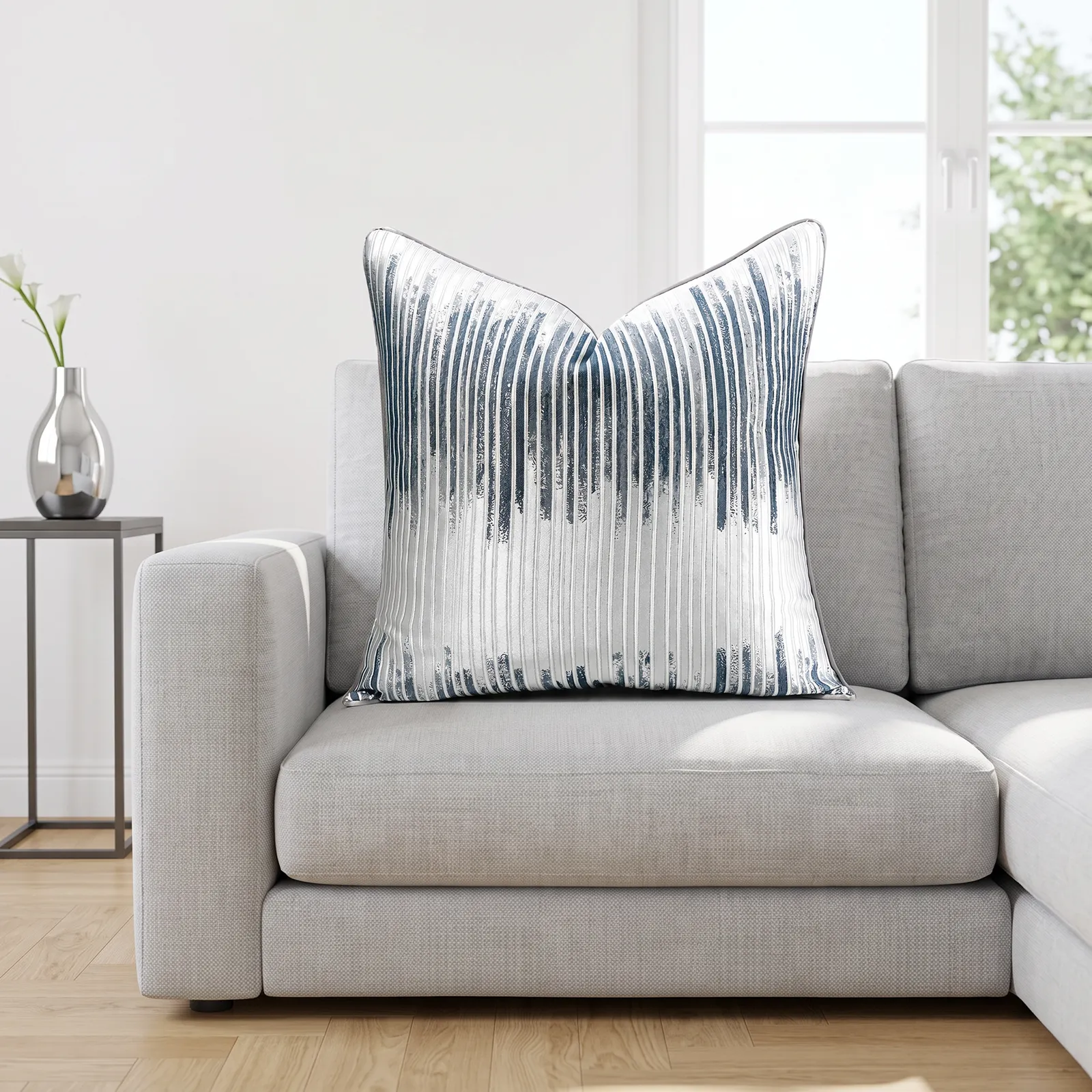 Cojín tela Jacquard lineal, Azul con plateado (50*50cm)