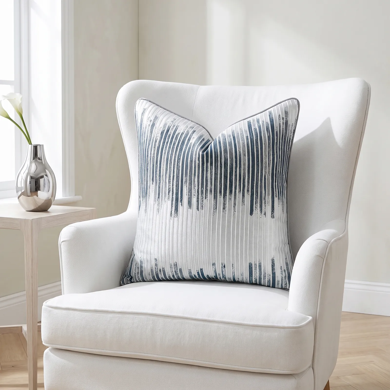 Cojín tela Jacquard lineal, Azul con plateado (50*50cm)