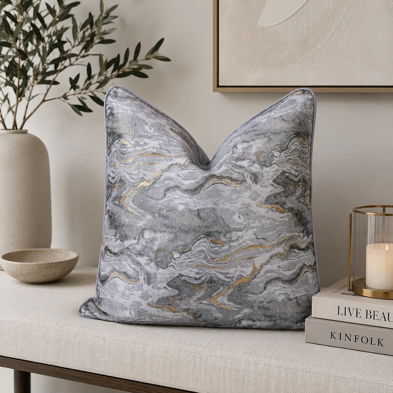 Cojín tela Jacquard abstracto, Plateado con dorado (45*45cm)