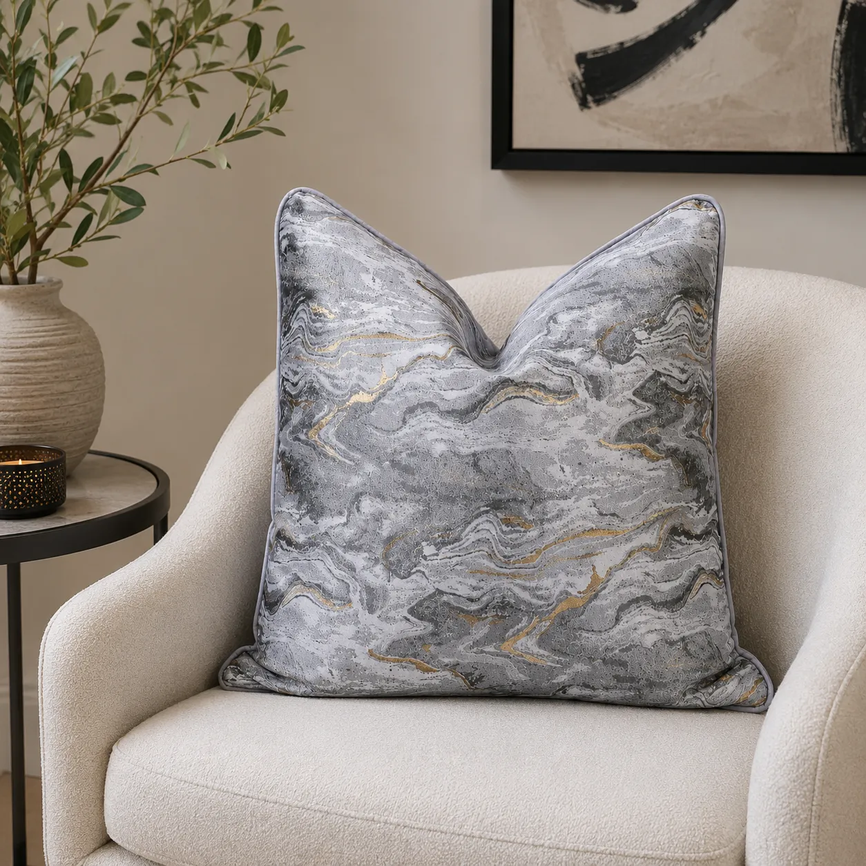 Cojín tela Jacquard abstracto, Plateado con dorado (45*45cm)