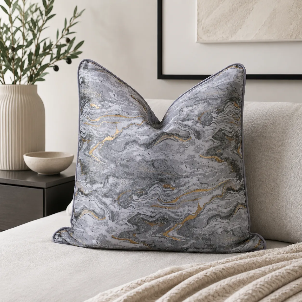 Cojín tela Jacquard abstracto, Plateado con dorado (45*45cm)