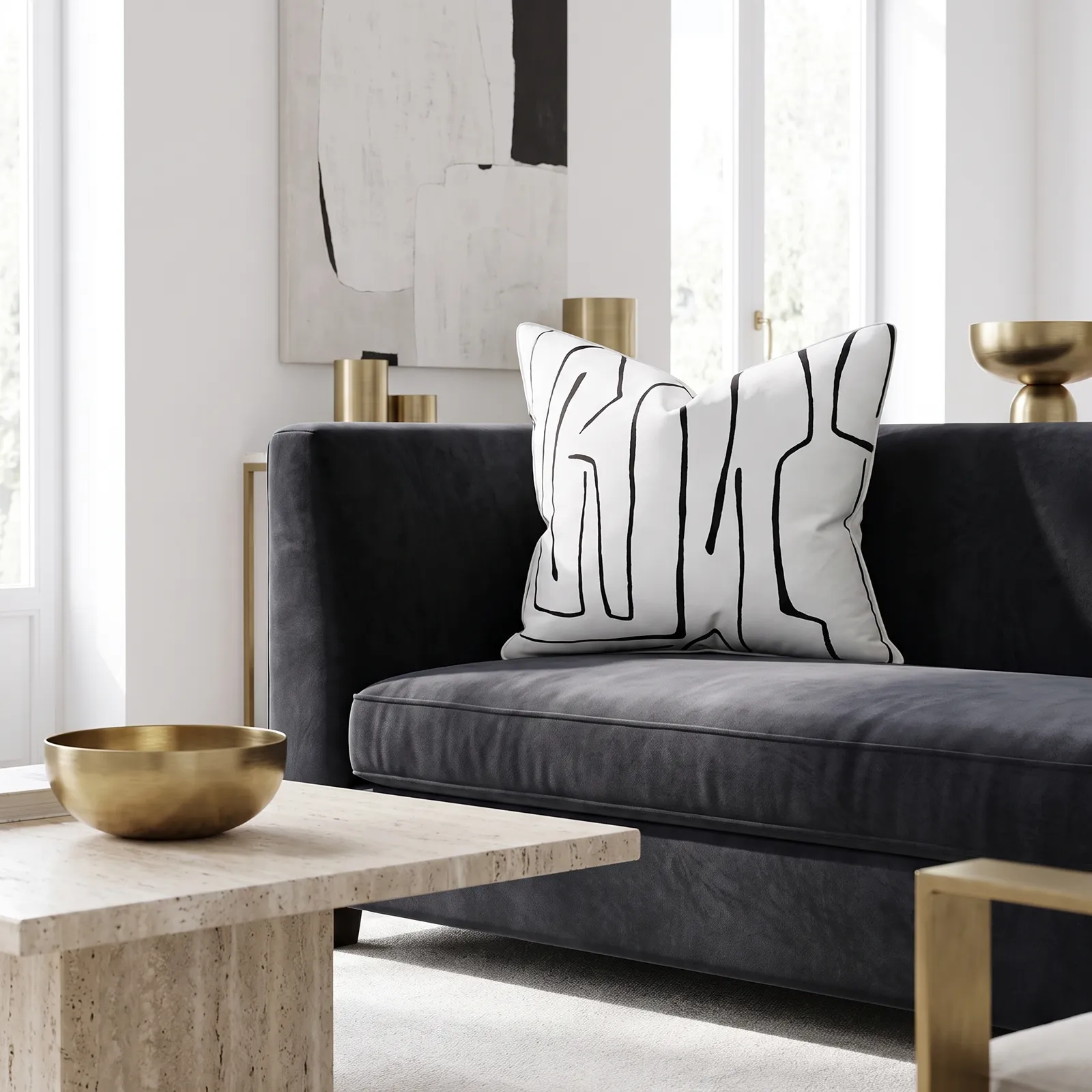 Cojín tela Jacquard lineal, Blanco con negro (45*45cm)