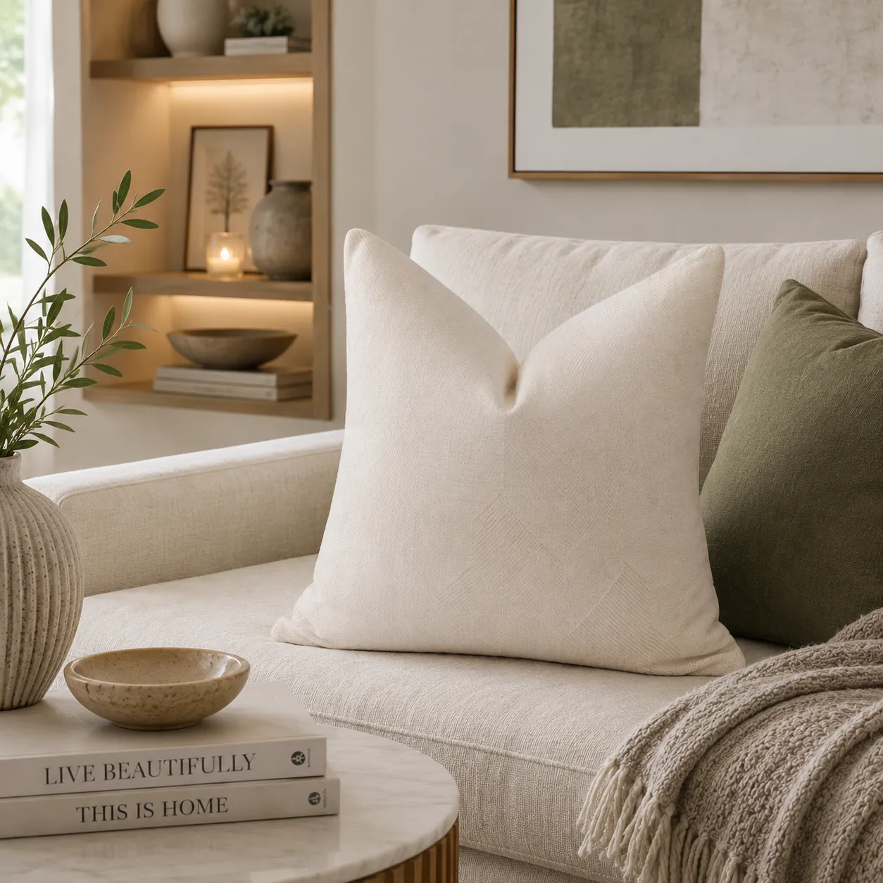 Cojín tela Jacquard geométrico facetado, Marfil (45*45cm)
