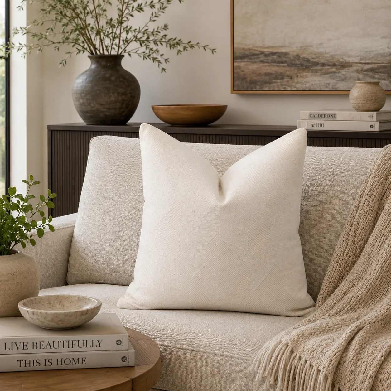 Cojín tela Jacquard geométrico, Marfil (60*60cm)X