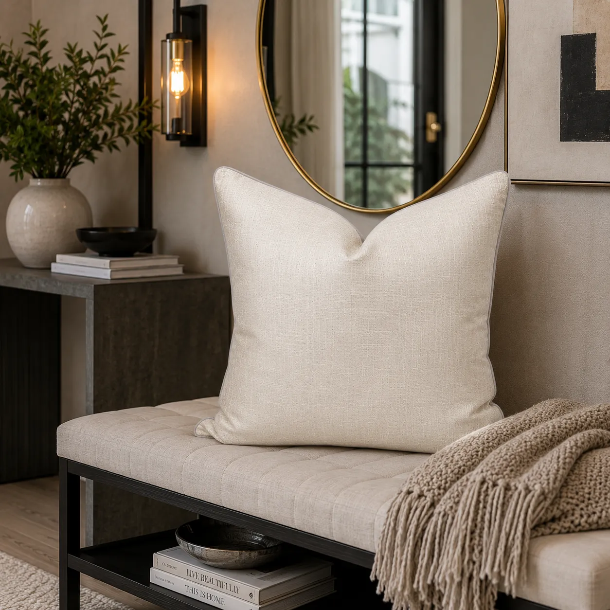Cojín tela Jacquard liso, Hueso (45*45cm)