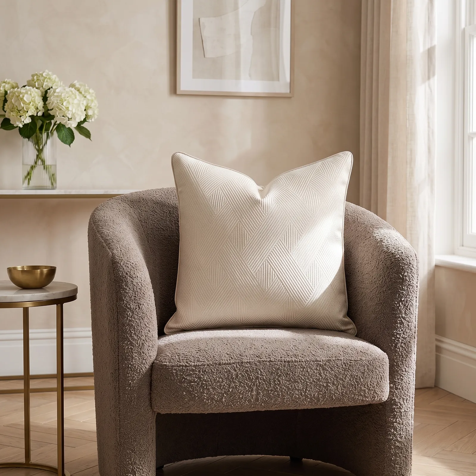Cojín tela Jacquard lineal, Marfil (60*60cm)