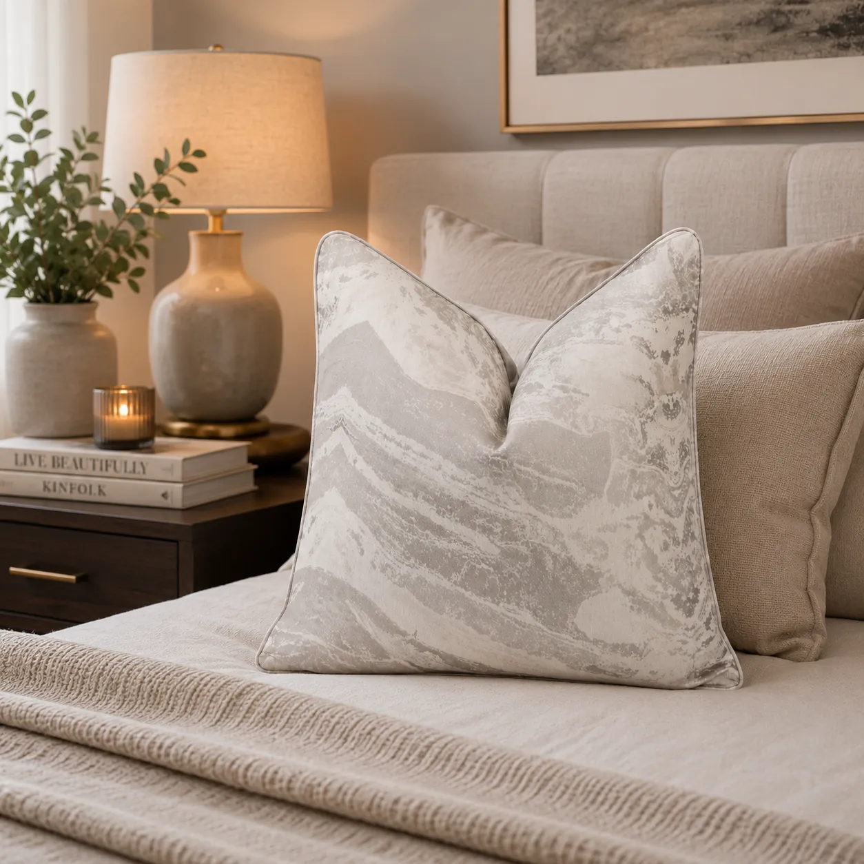 Cojín tela Jacquard marmoleado, Hueso y gris (45*45cm)