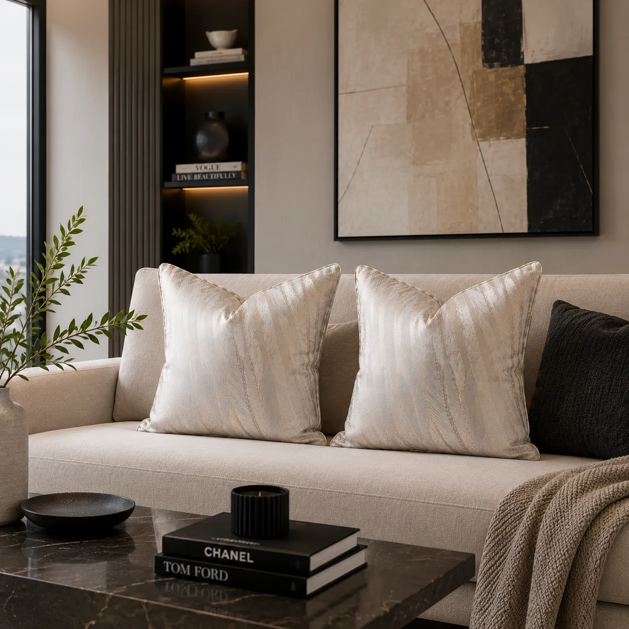 Cojín tela Jacquard rayado, Gris claro (45*45cm)