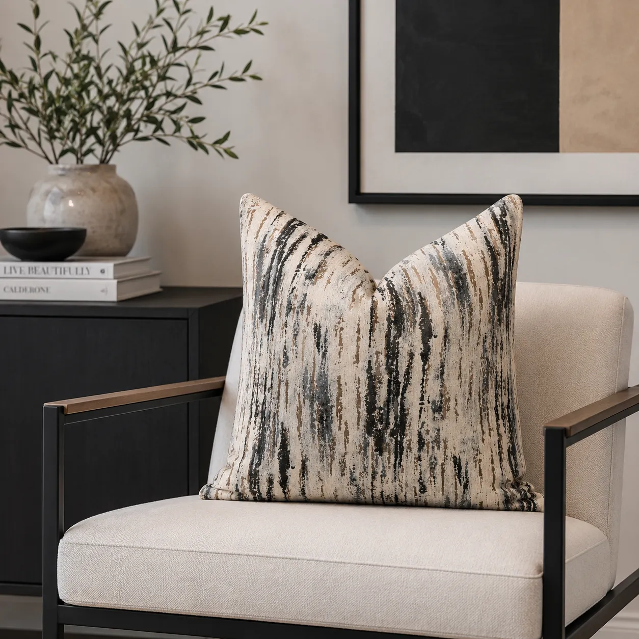 Cojín tela Jacquard veteado, Hueso y gris (45*45cm)