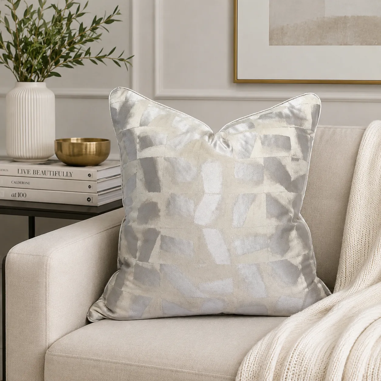 Cojín tela Jacquard metalizado, Gris perla (45*45cm)