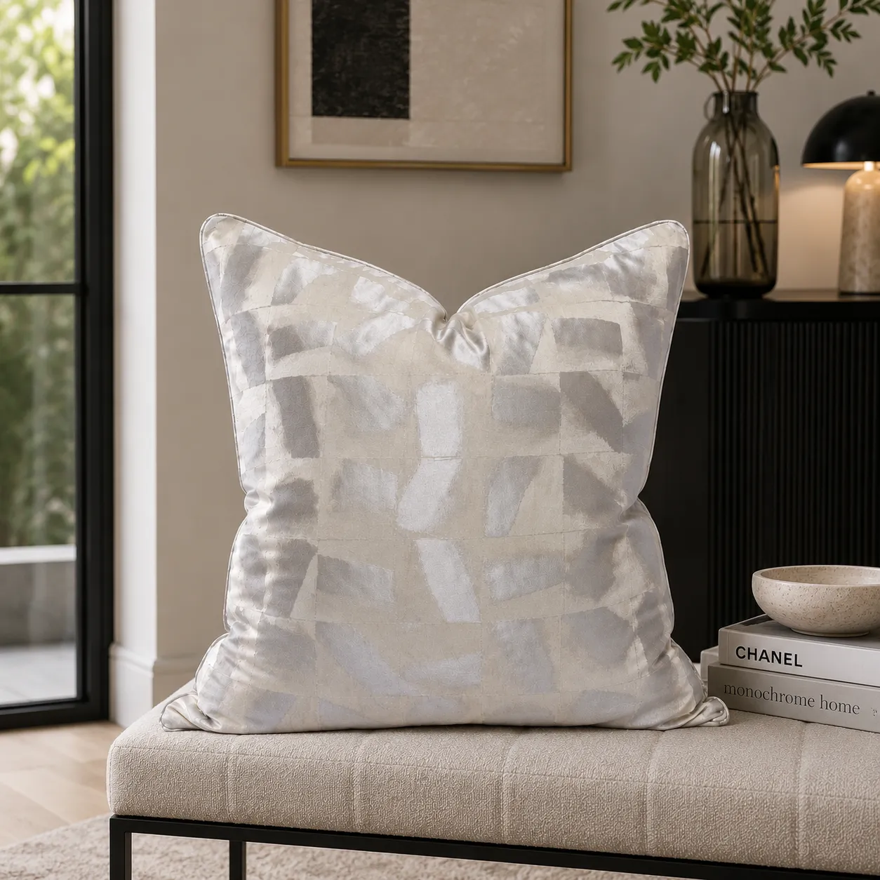 Cojín tela Jacquard metalizado, Gris perla (45*45cm)