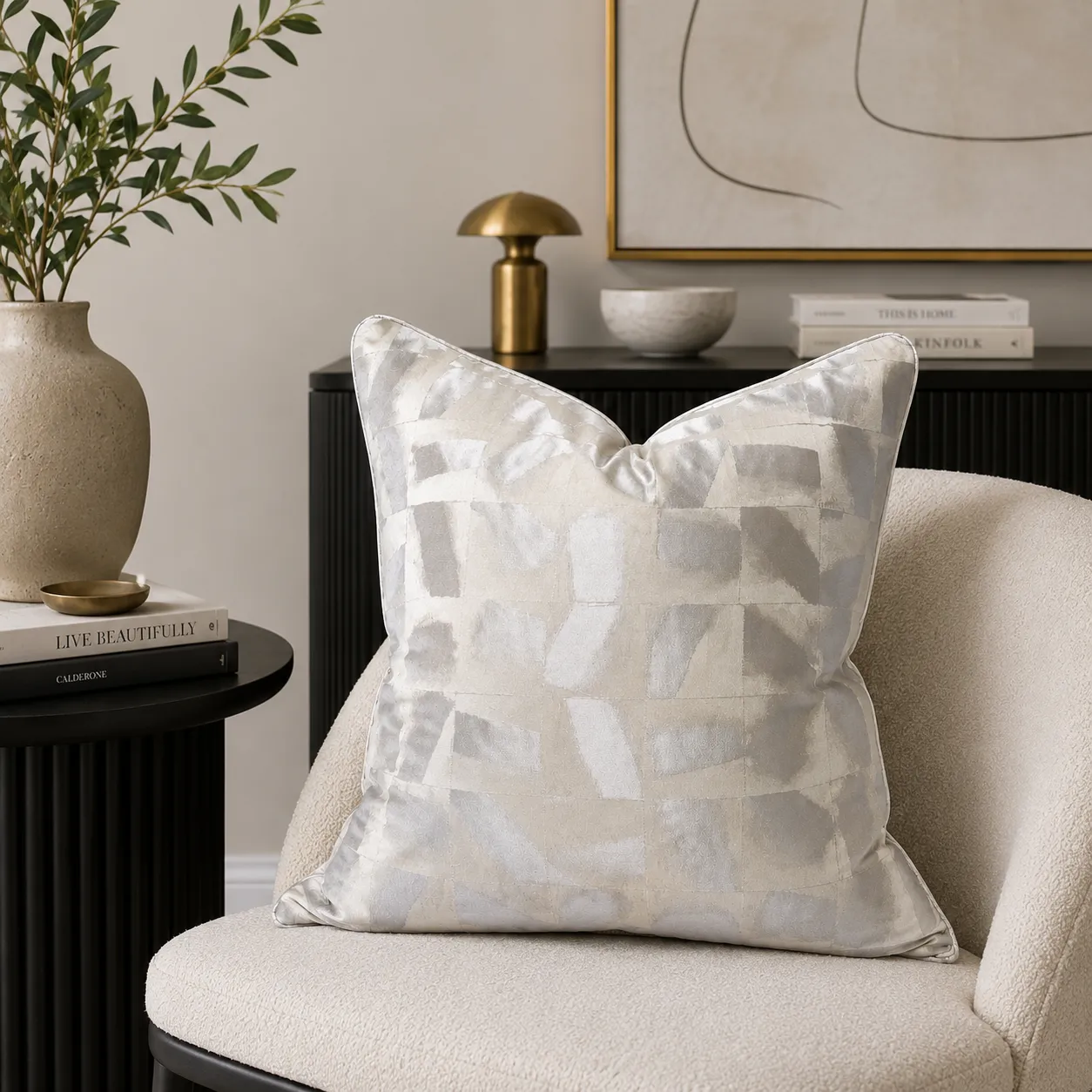 Cojín tela Jacquard metalizado, Gris perla (45*45cm)