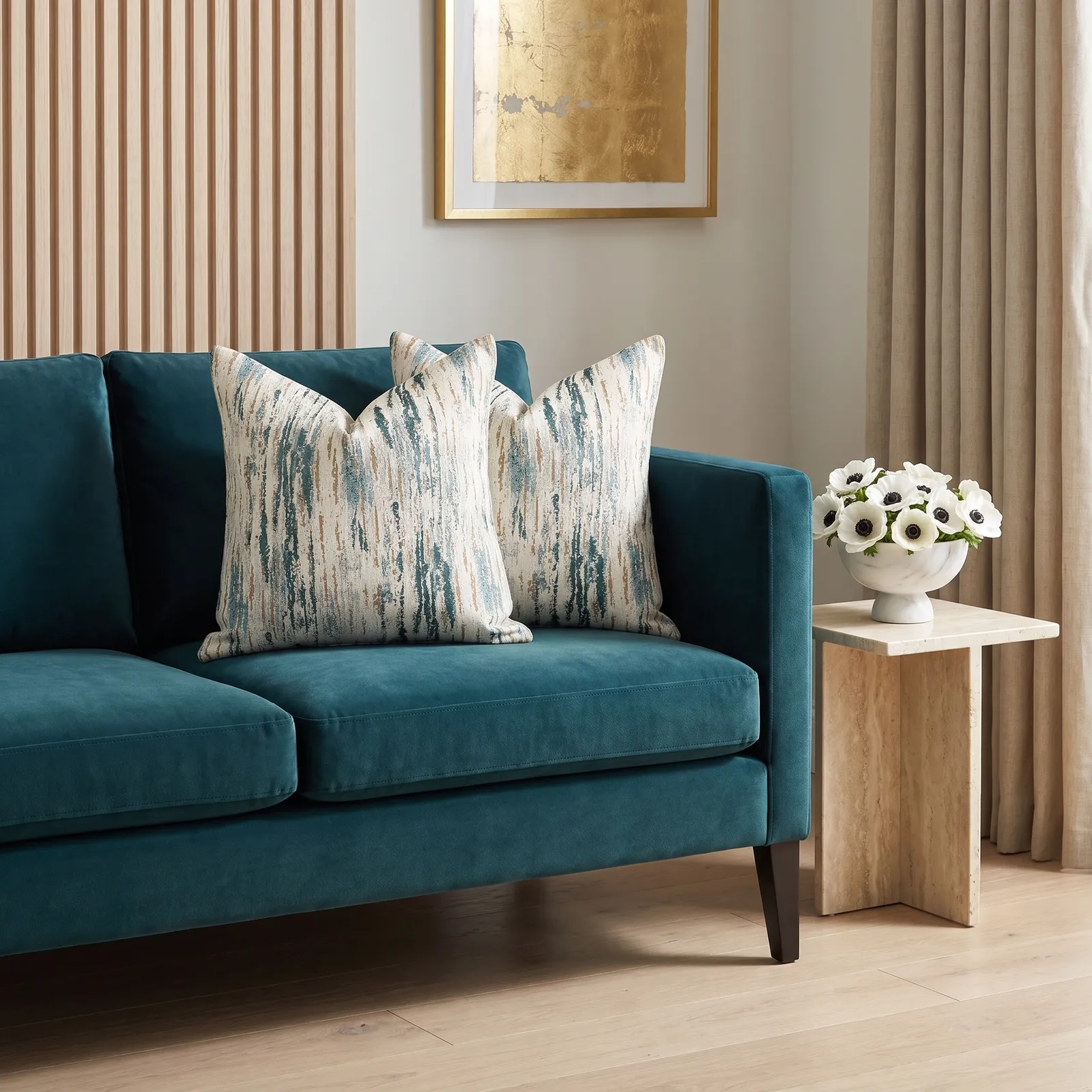 Cojín tela Jacquard lineal, Hueso y azul (45*45cm)