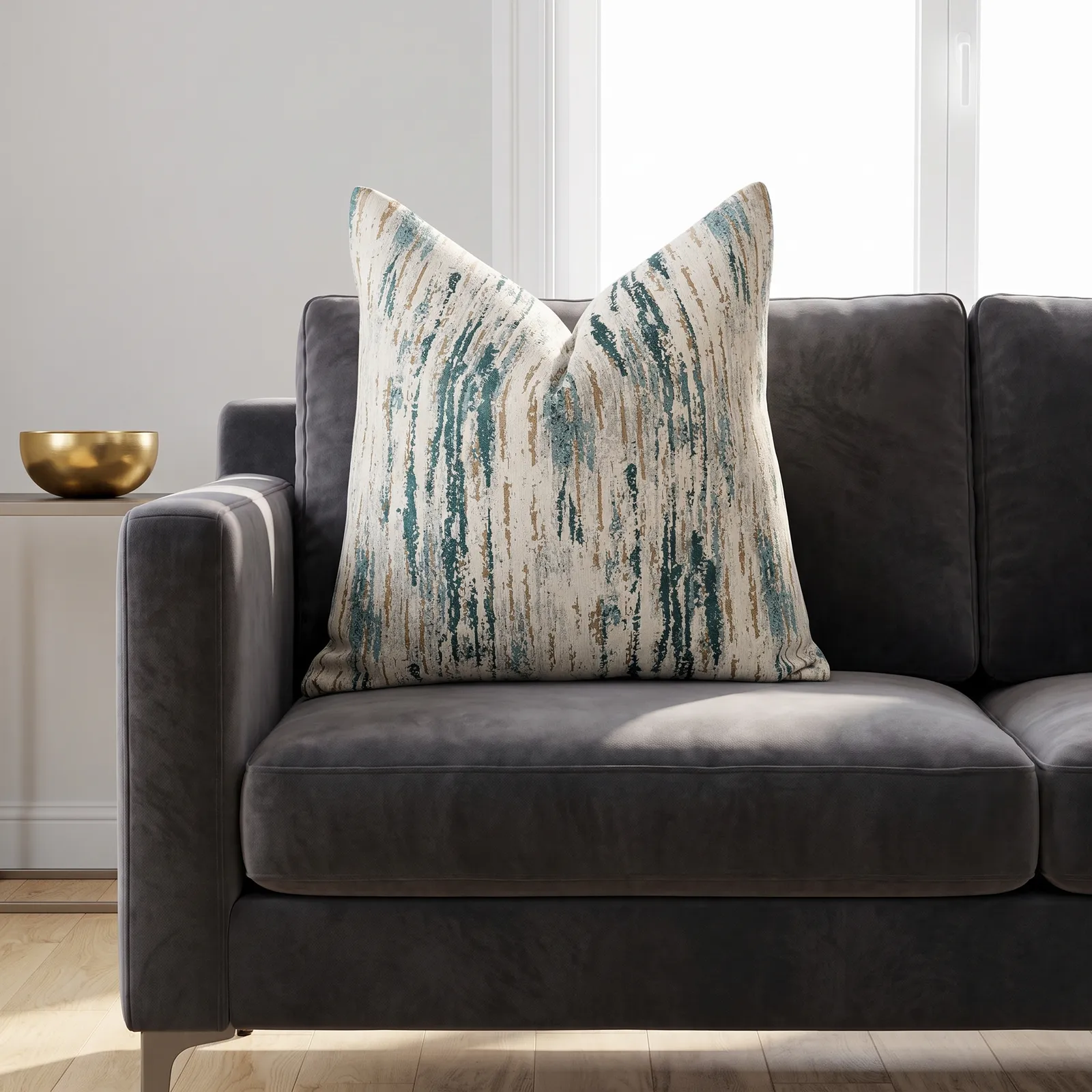 Cojín tela Jacquard lineal, Hueso y azul (45*45cm)