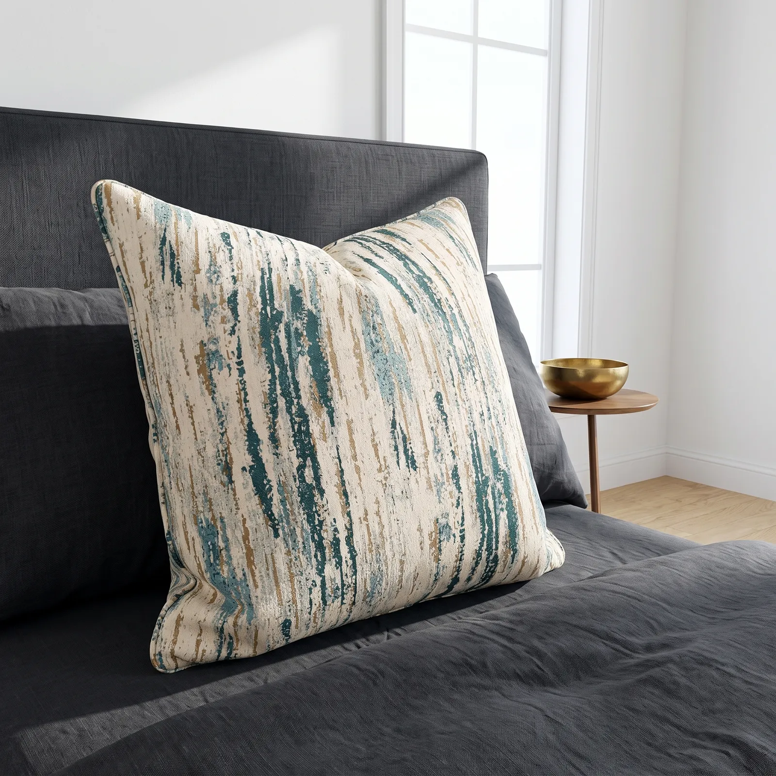 Cojín tela Jacquard lineal, Hueso y azul (60*60cm)