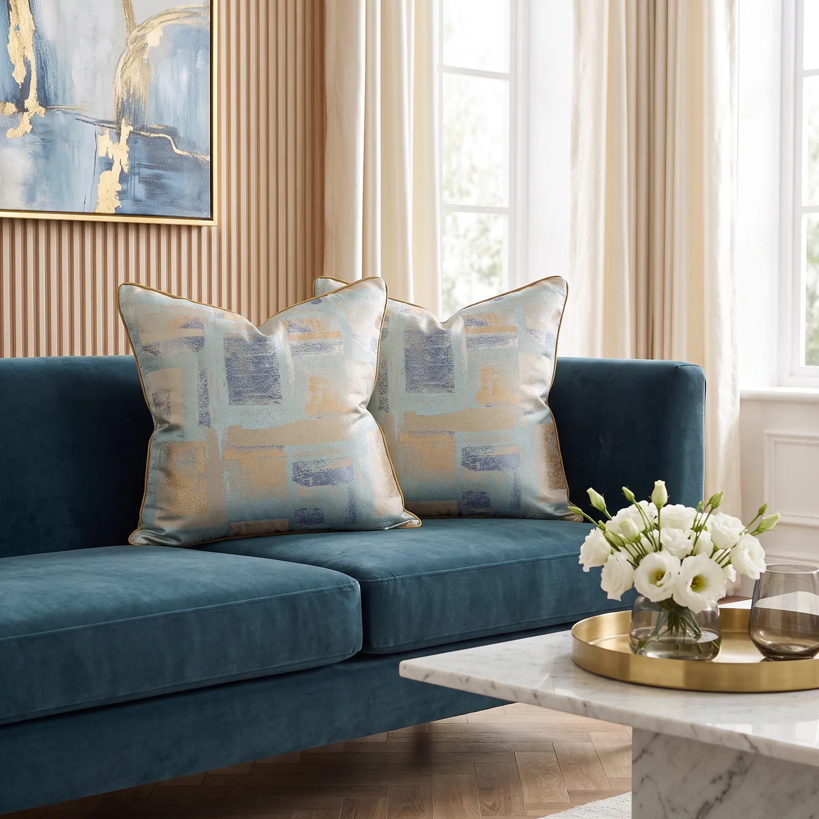 Cojín tela Jacquard geométrico, Dorado y celeste (45*45cm)