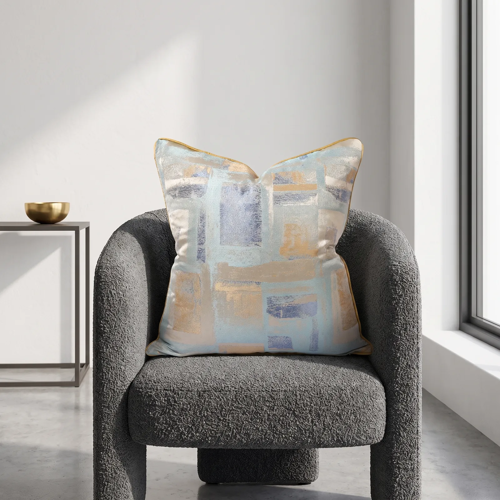Cojín tela Jacquard geométrico, Dorado y celeste (45*45cm)