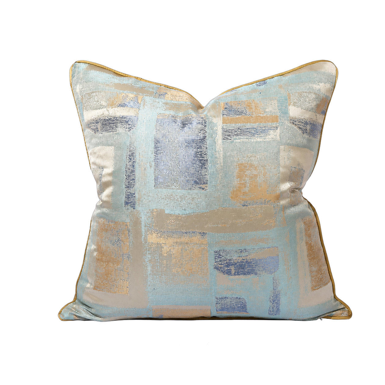Cojín tela Jacquard geométrico, Dorado y celeste (45*45cm)