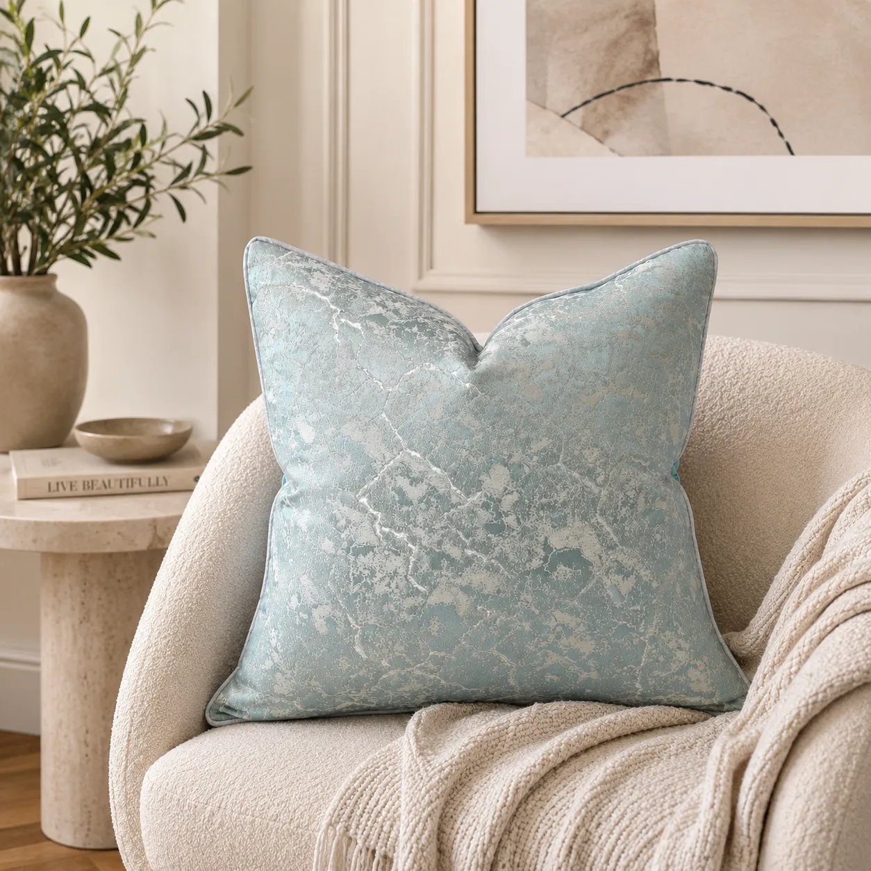 Cojín de terciopelo arrugado, Celeste (45*45cm)