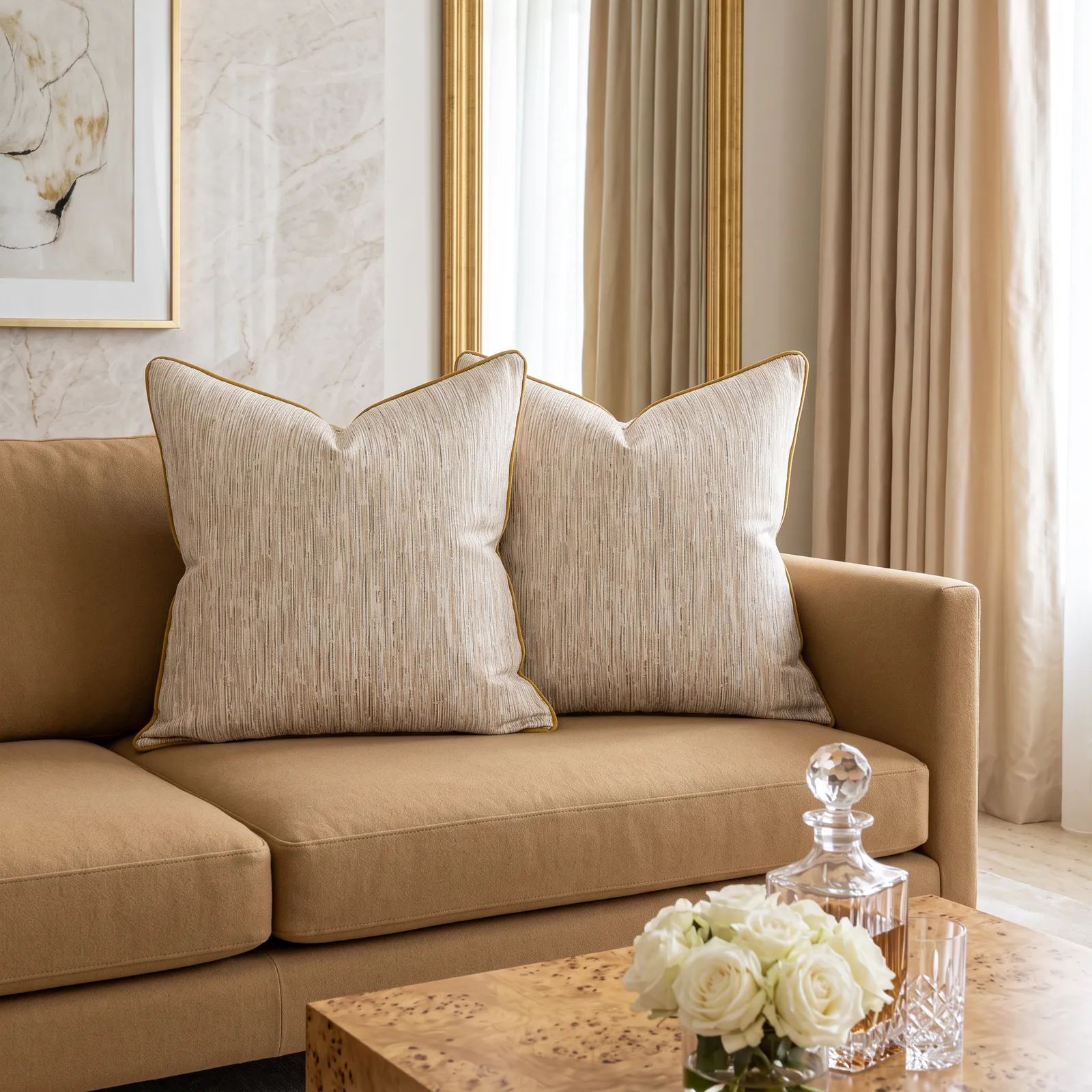 Cojín tela Jacquard lineal, Dorado (60*60cm)