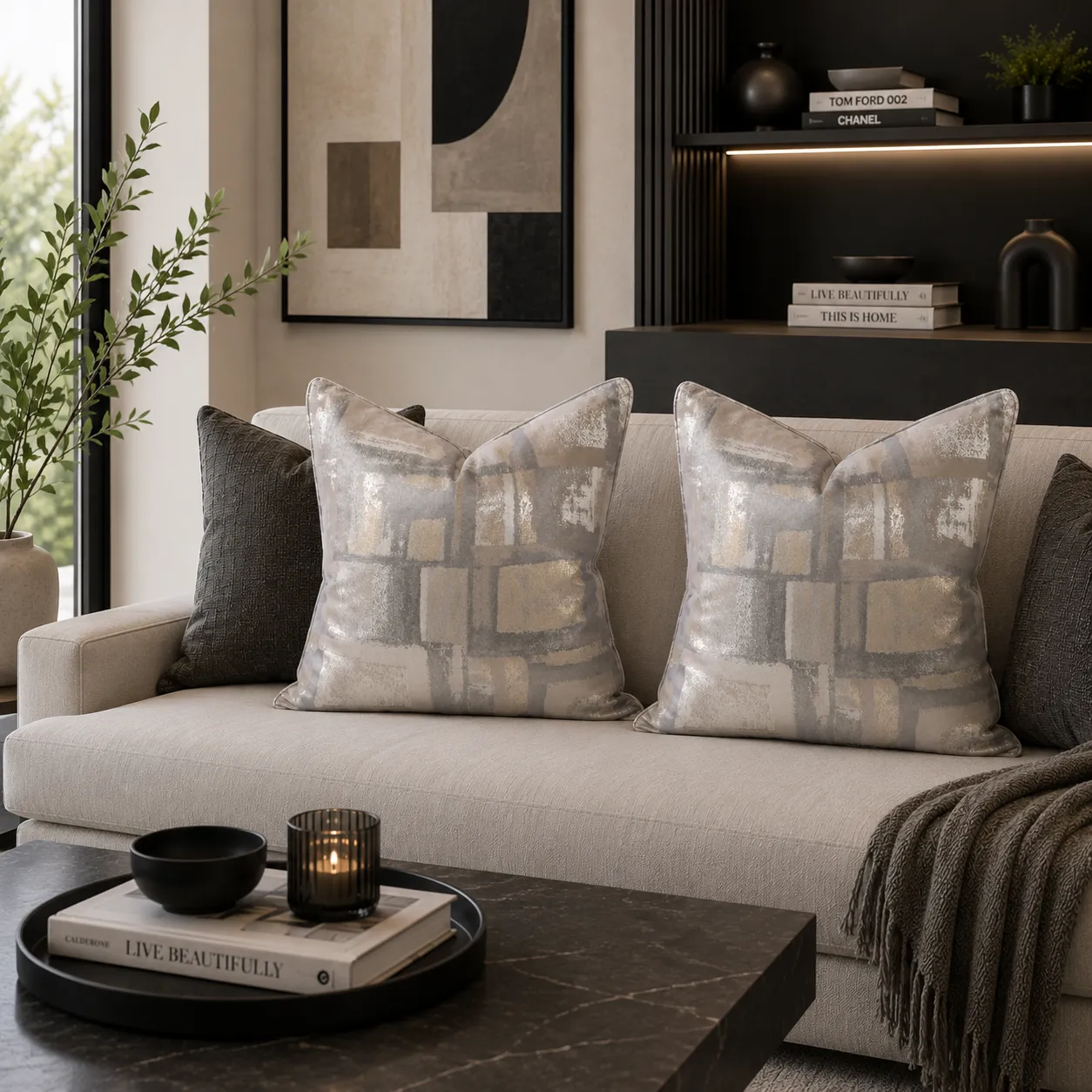 Cojín geométrico degradé, Beige y gris (45*45cm)