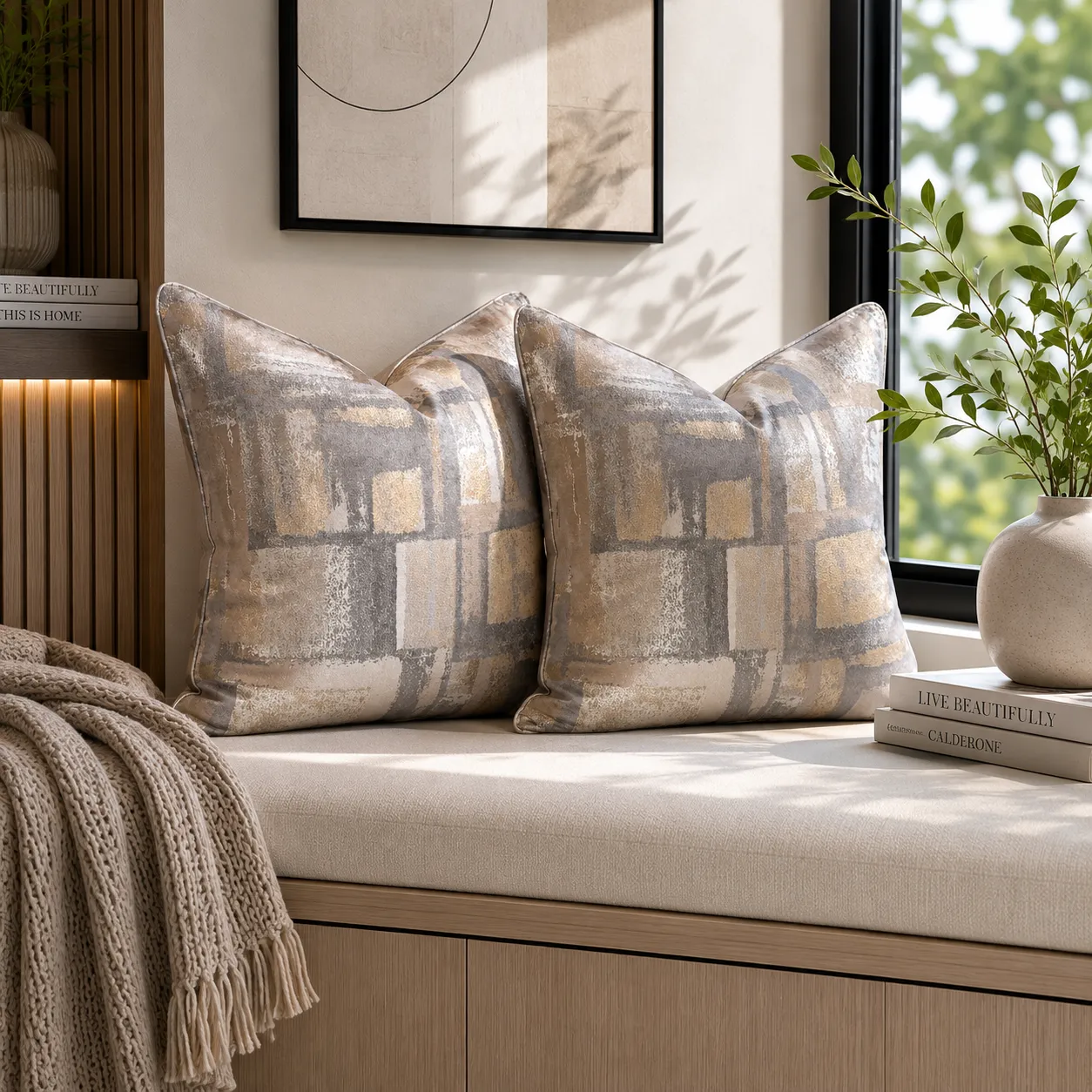 Cojín geométrico degradé, Beige y gris (45*45cm)
