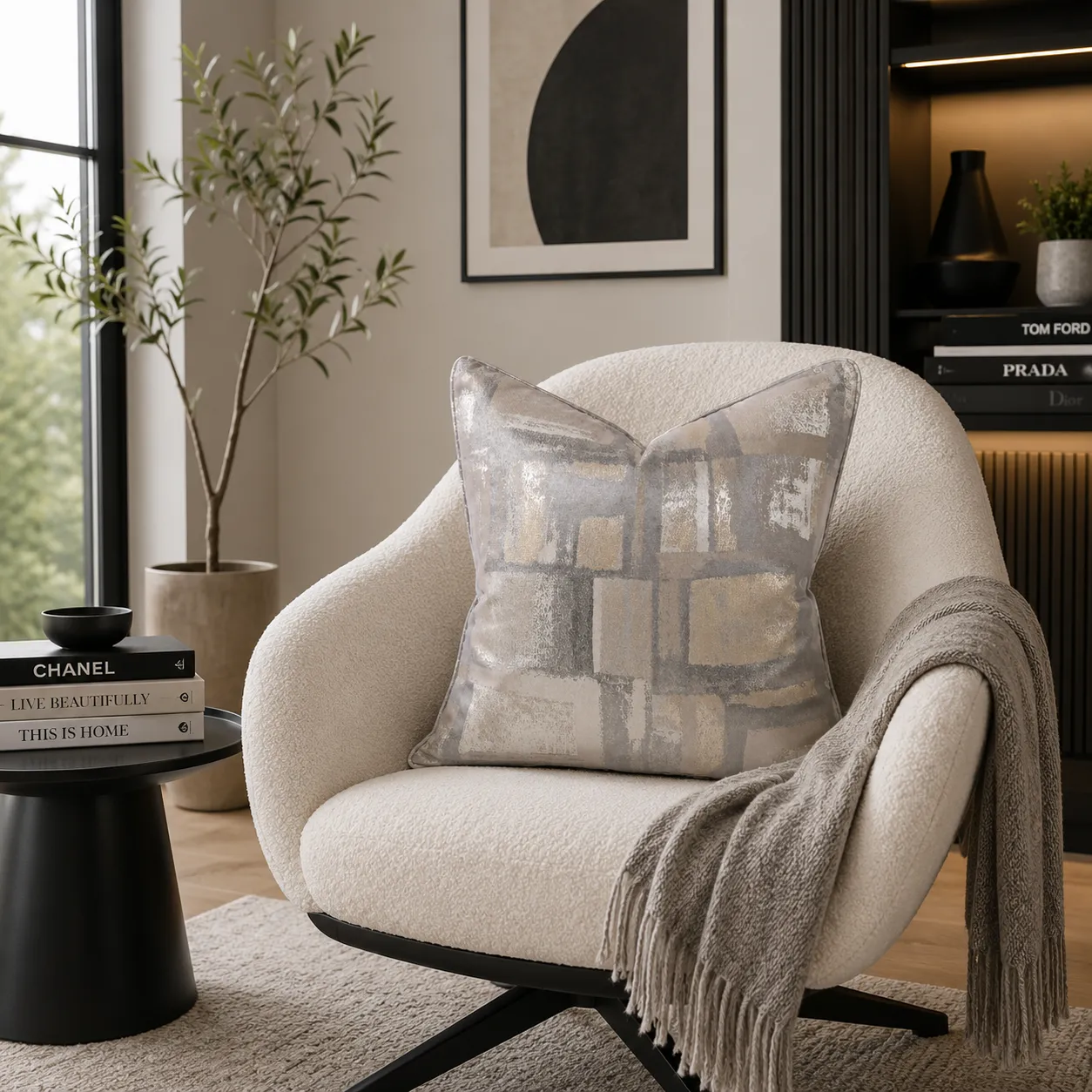 Cojín geométrico degradé, Beige y gris (45*45cm)