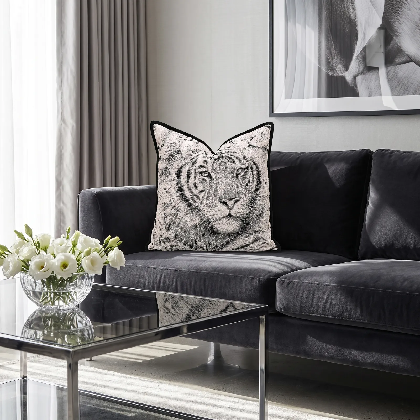Cojín tela Jacquard león, Negro y gris (45*45cm)