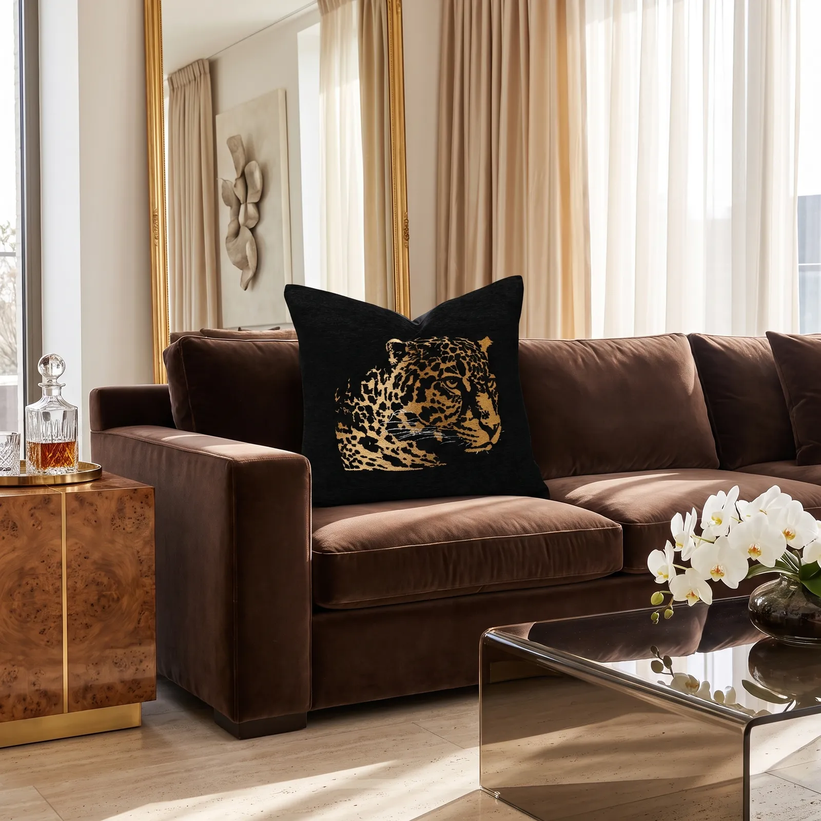 Cojín tela Jacquard tigre, Negro y dorado (45*45cm)