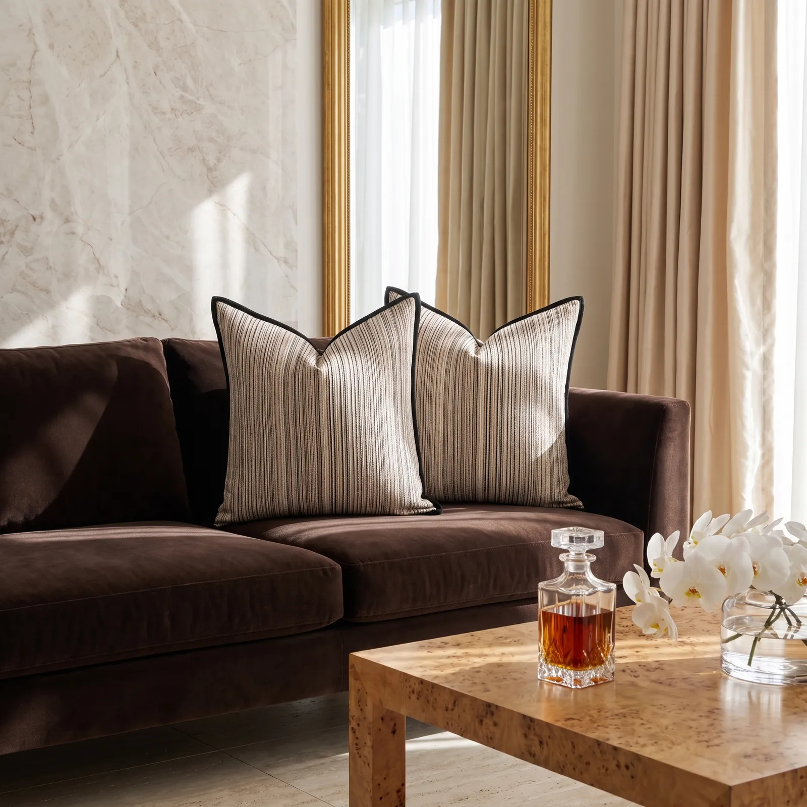 Cojín tela Jacquard lineal, Beige y negro (45*45cm)