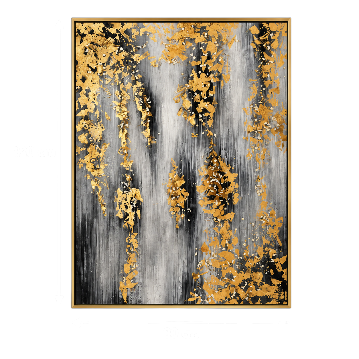 Cuadro abstracto gotas doradas con marco, pintura de óleo hecho a mano, Gris y dorado (80*120cm)