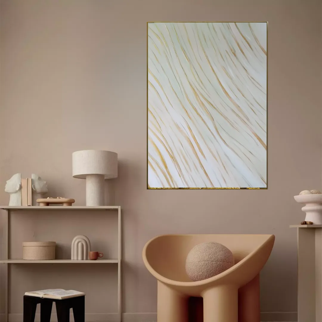 Cuadro abstracto ondas doradas con marco, pintura de óleo hecho a mano, Hueso (80*120cm)