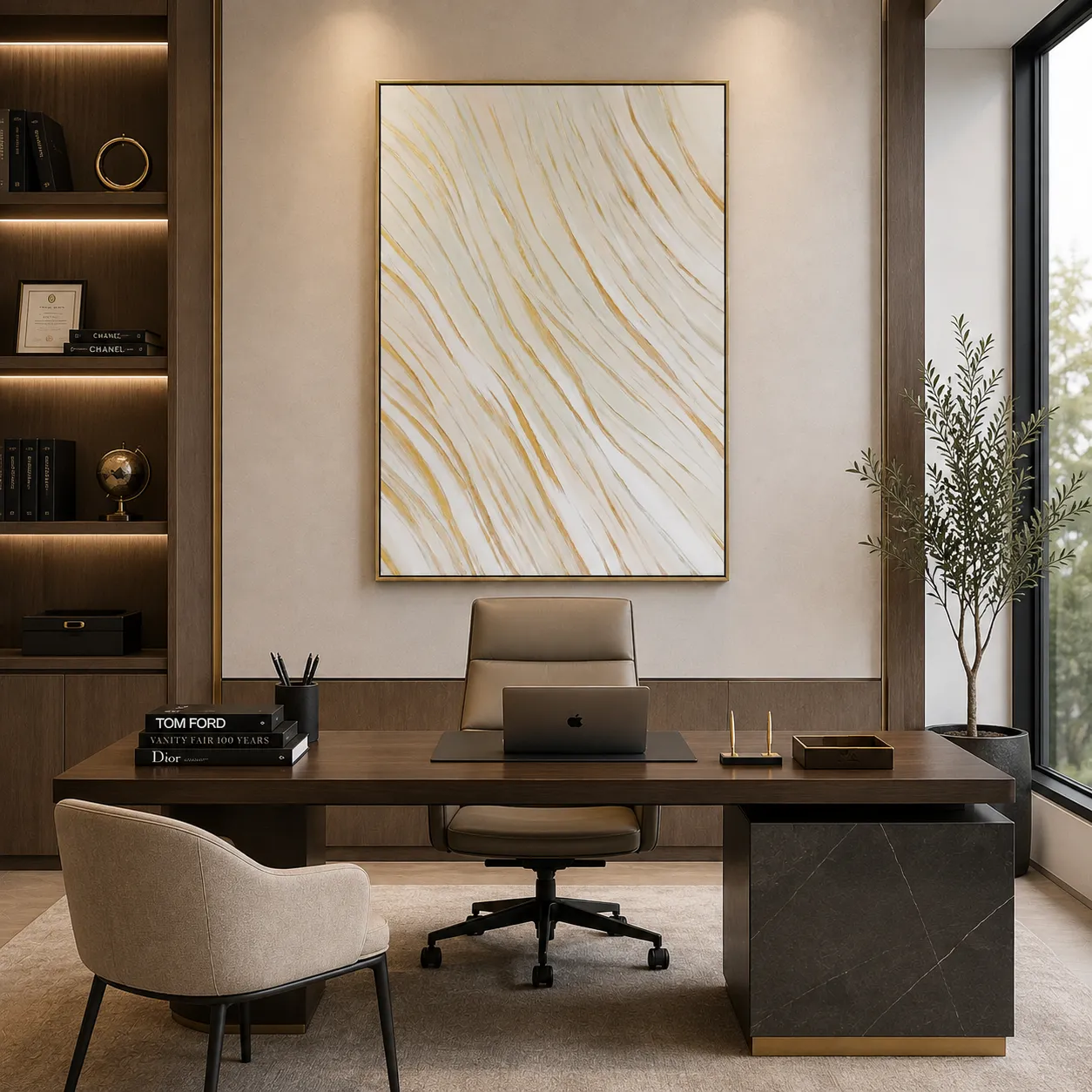 Cuadro abstracto ondas doradas con marco, pintura de óleo hecho a mano, Hueso (80*120cm)