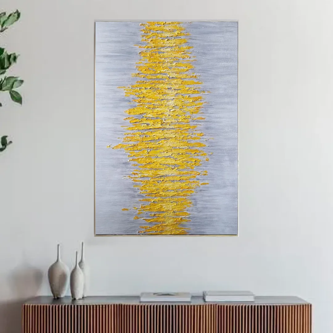 Cuadro abstracto horizontal pinceladas doradas, pintura de óleo hecho a mano, Gris (120*80cm)