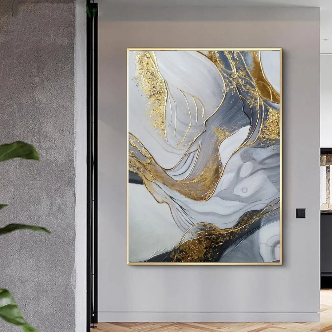 Cuadro abstracto marmoleado dorado, pintura de óleo hecho a mano, Gris y dorado (80*120cm)