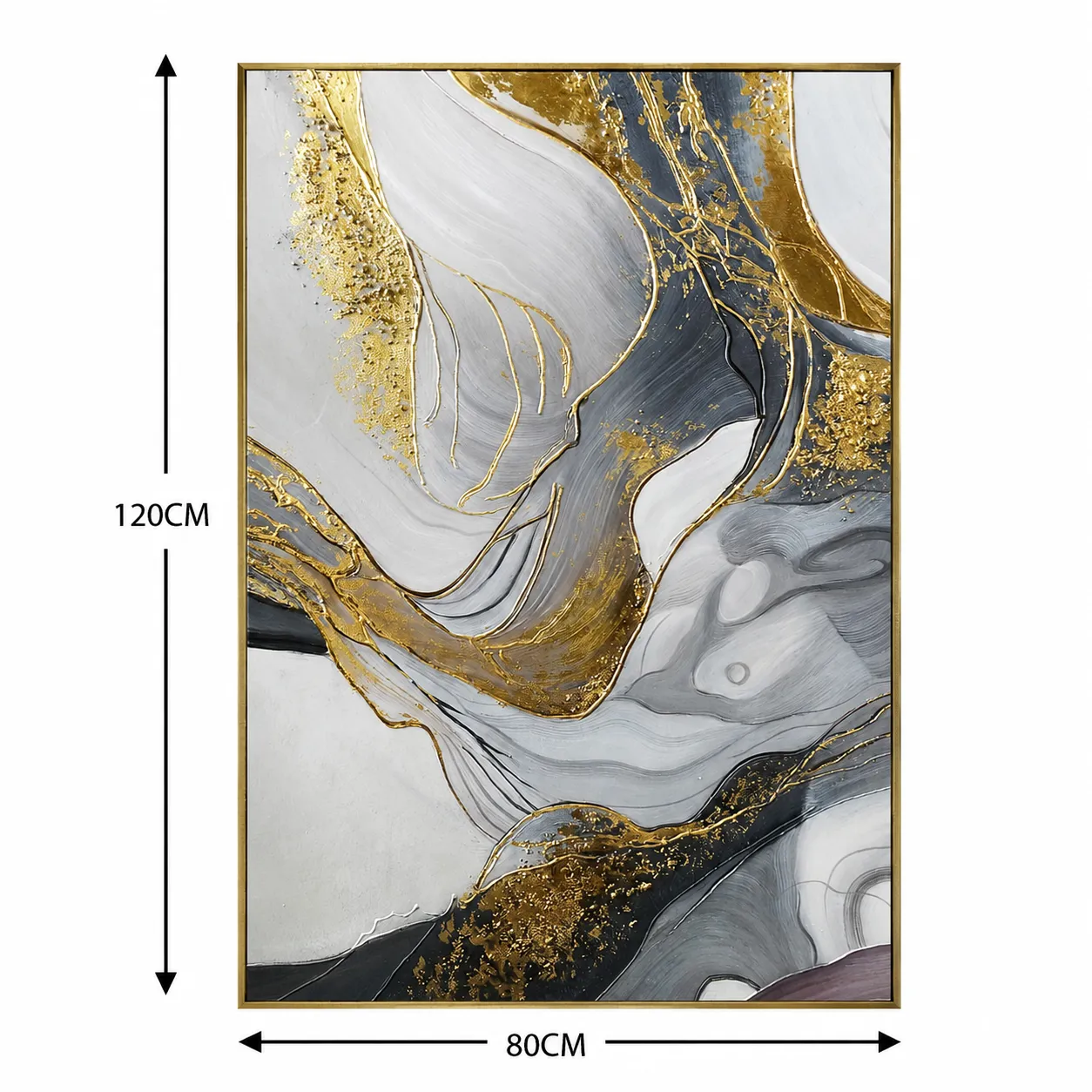 Cuadro abstracto marmoleado dorado, pintura de óleo hecho a mano, Gris y dorado (80*120cm)