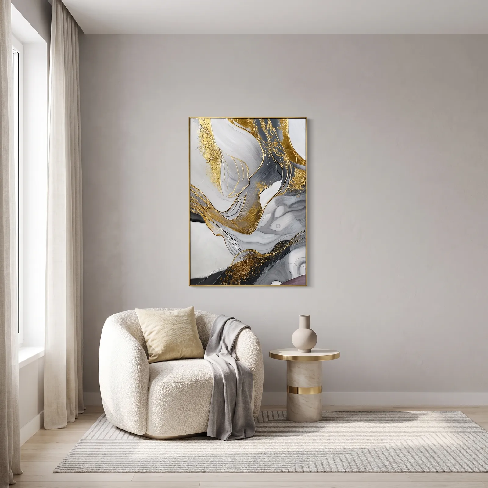 Cuadro abstracto marmoleado dorado, pintura de óleo hecho a mano, Gris y dorado (80*120cm)