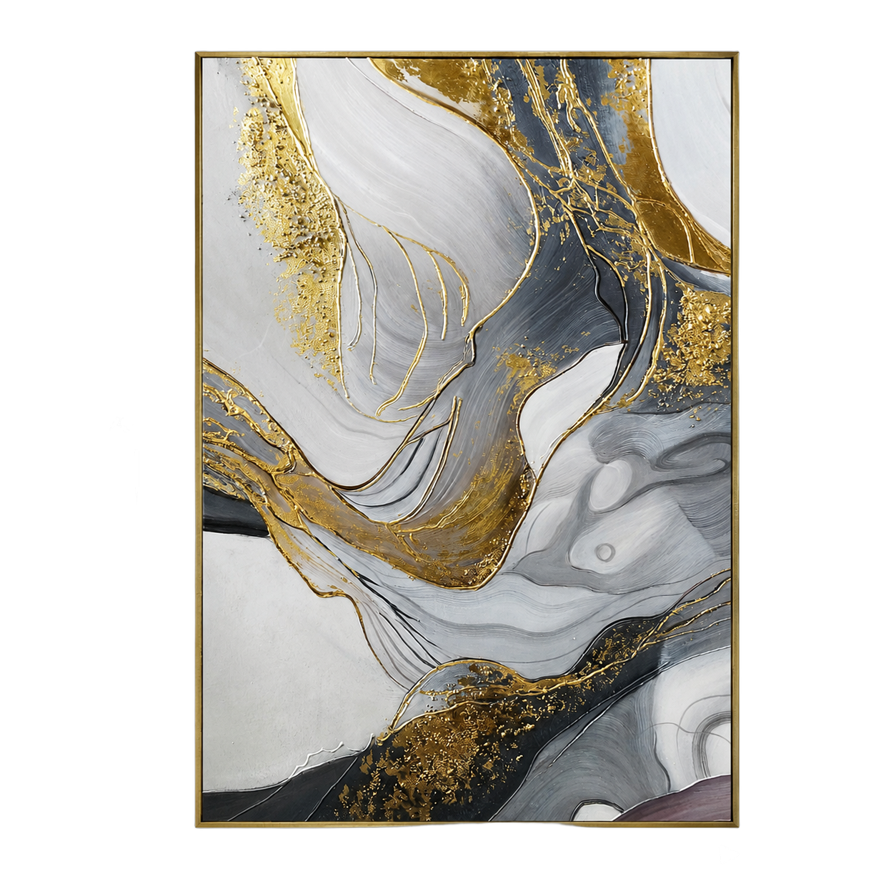 Cuadro abstracto marmoleado dorado, pintura de óleo hecho a mano, Gris y dorado (80*120cm)