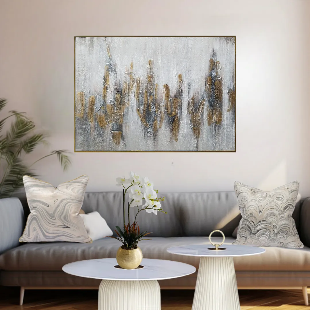 Cuadro individual con vetas abstractas doradas con marco, pintura de óleo hecho a mano, Hueso (80*120cm)