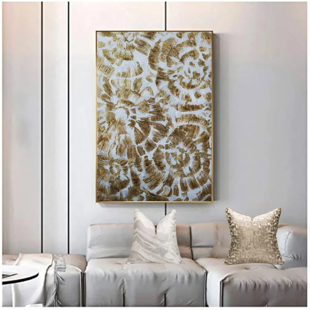 Cuadro abstracto floral en relieve dorado, pintura de óleo hecho a mano, Blanco (80*120cm)