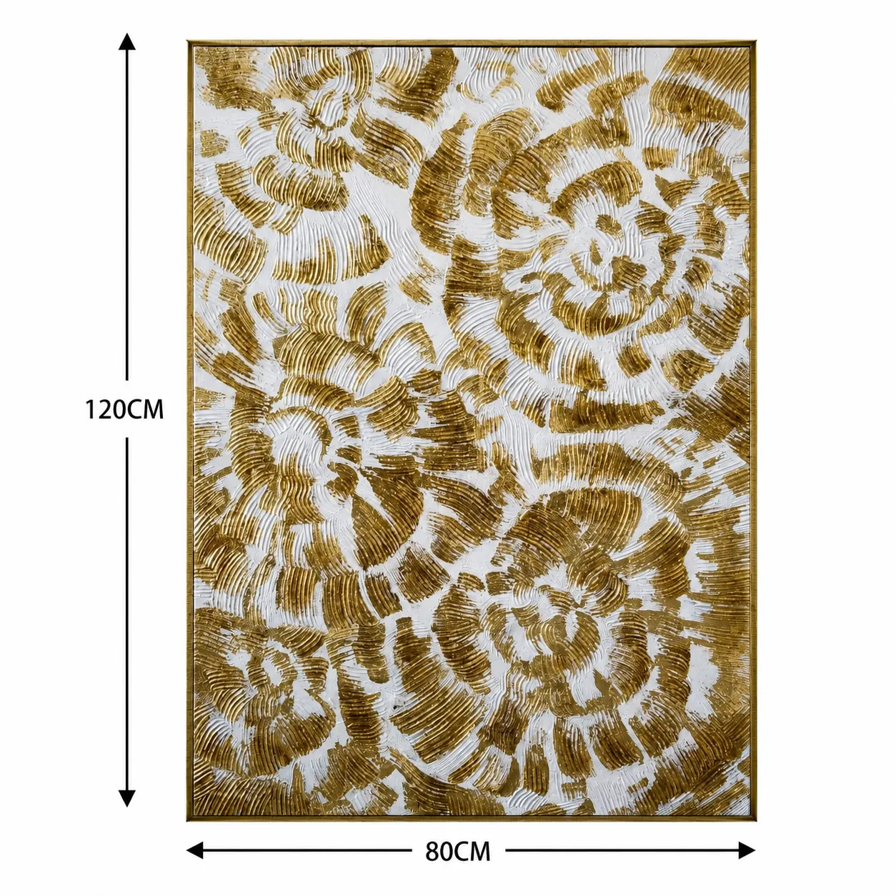 Cuadro abstracto floral en relieve dorado, pintura de óleo hecho a mano, Blanco (80*120cm)