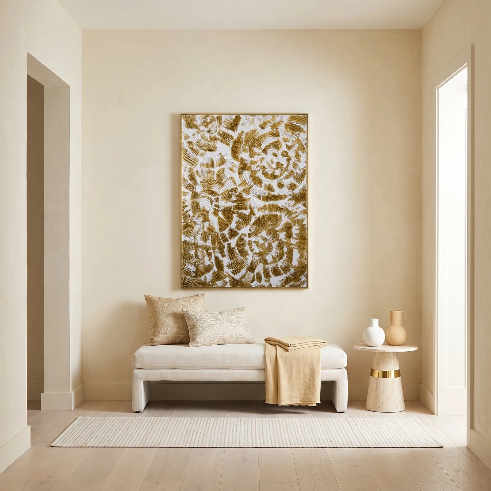Cuadro abstracto floral en relieve dorado, pintura de óleo hecho a mano, Blanco (80*120cm)