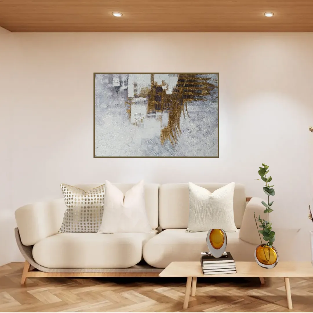 Cuadro abstracto pinceladas doradas, pintura de óleo hecho a mano, Gris claro (80*120cm)